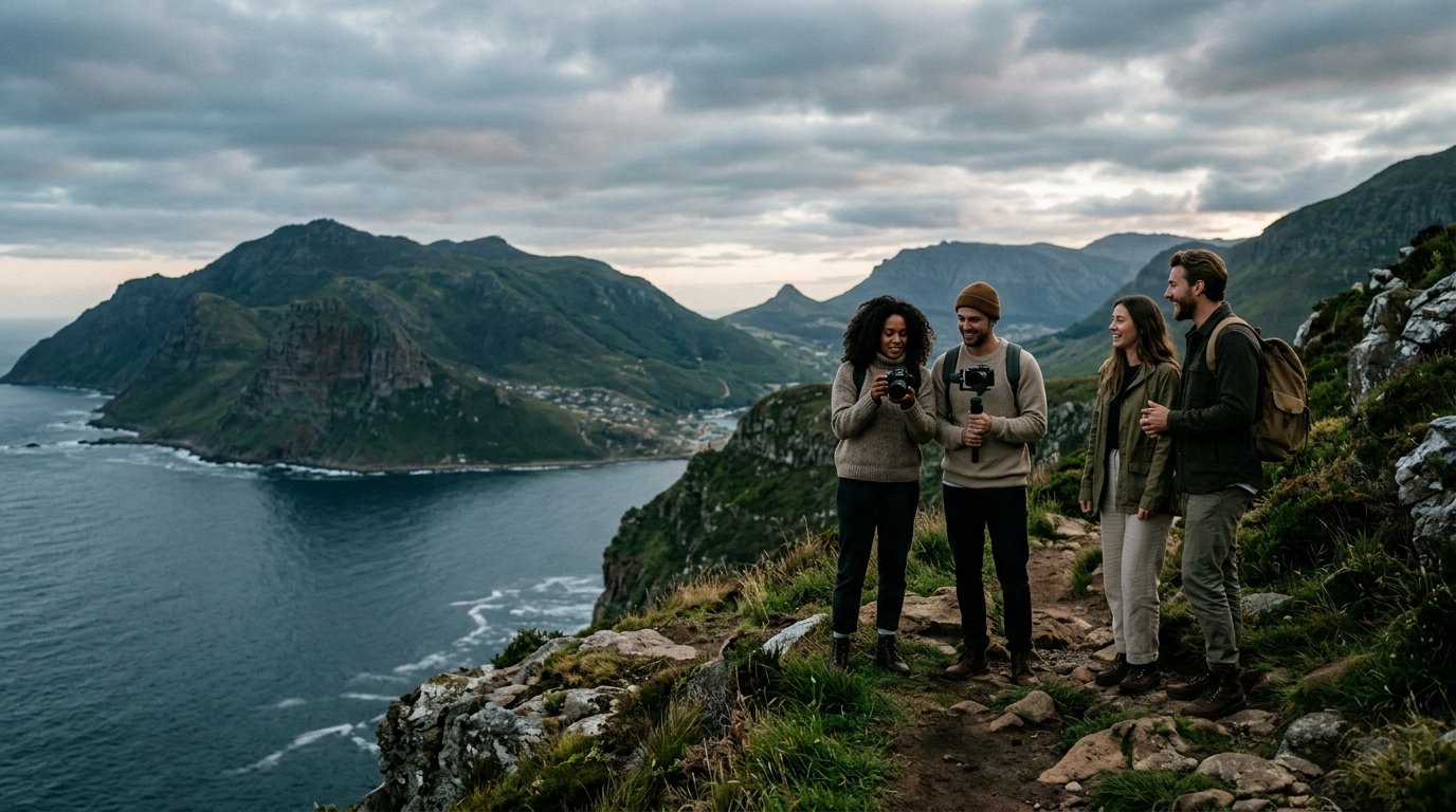 Creators exploring a cliffside on an influencer brand trip