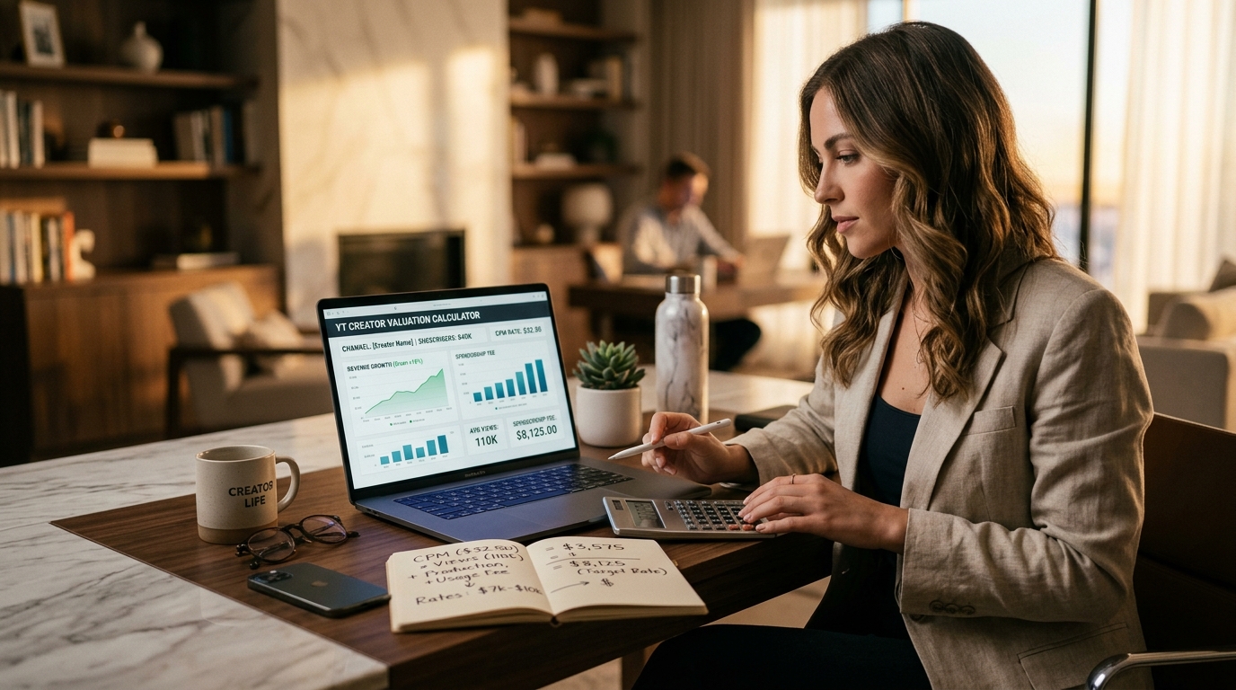A marketer calculating YouTube creator sponsorship valuation and CPM rates on a laptop in a modern studio