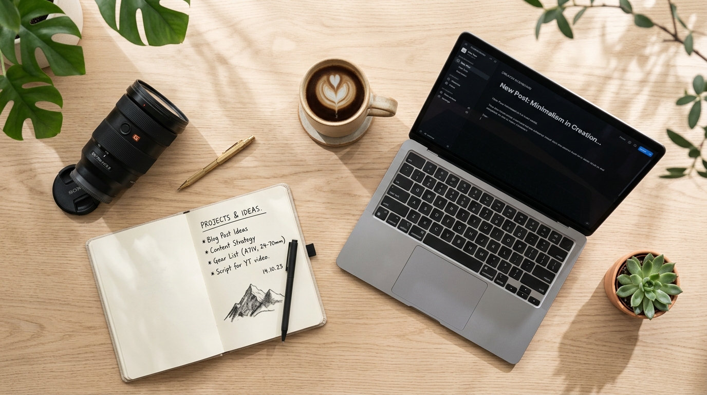 A flatlay of a creator's desk showing a laptop, camera lens, notebook, and coffee representing a creative workspace