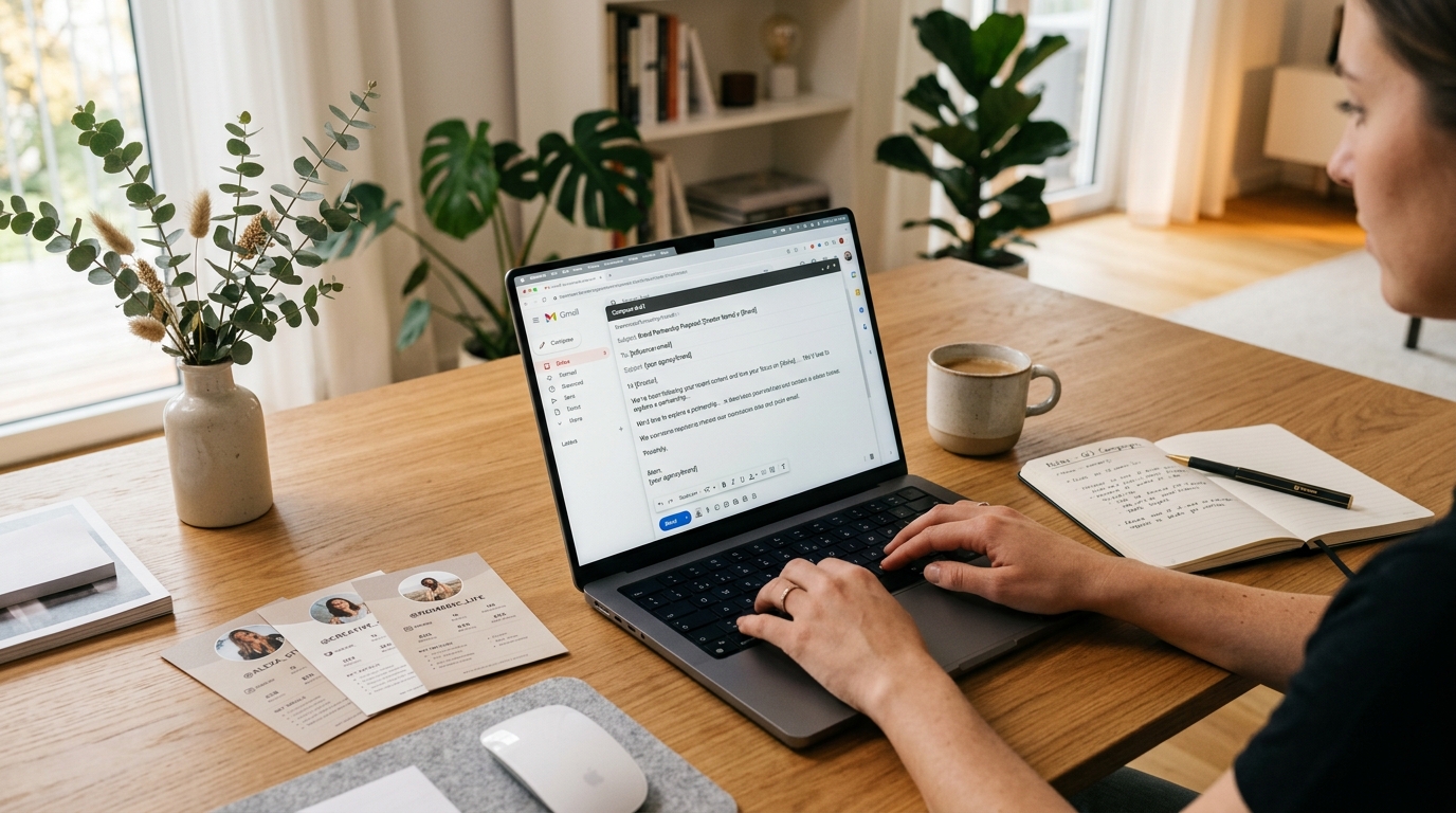 A modern editorial workspace with an email draft to a creator and notes on a wooden desk