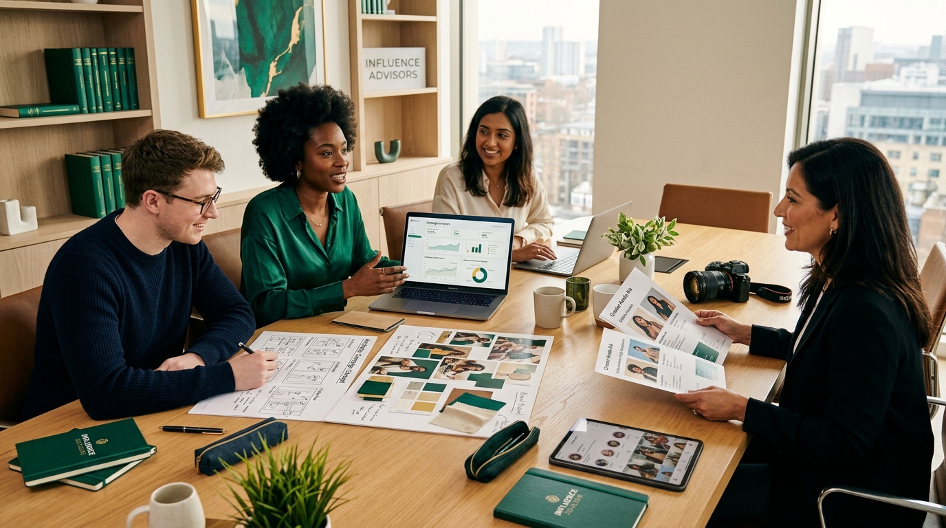 A modern marketing team reviewing creator media kits, storyboard mood boards, and analytics around an agency desk