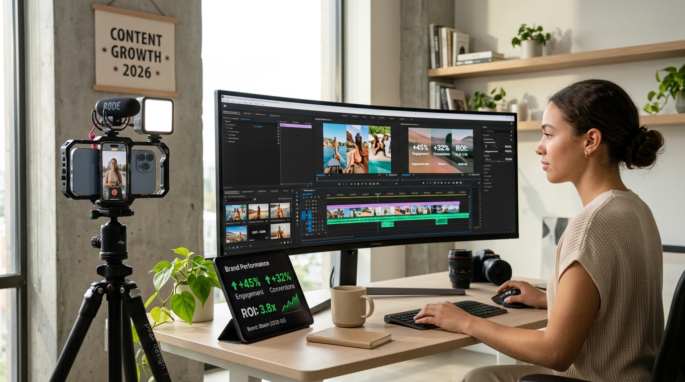 A modern creator editing video reels on an ultrawide display in a bright creative studio