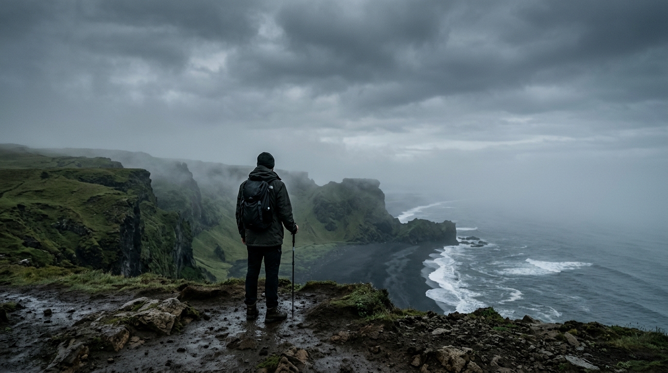 A single hiker looking out over foggy, moody cliffs representing caution in brand sponsorships