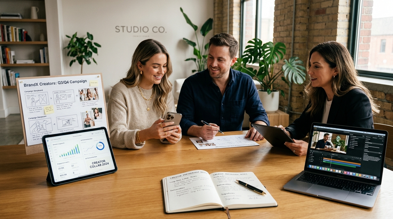 A marketing team reviewing creator campaign performance data and planning multi-campaign long-term influencer partnerships